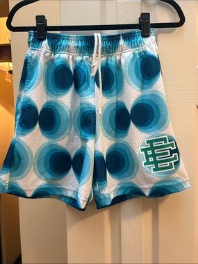 Eric Emanuel shorts EE Teal & Navy Circular Print Athletic Shorts small like new